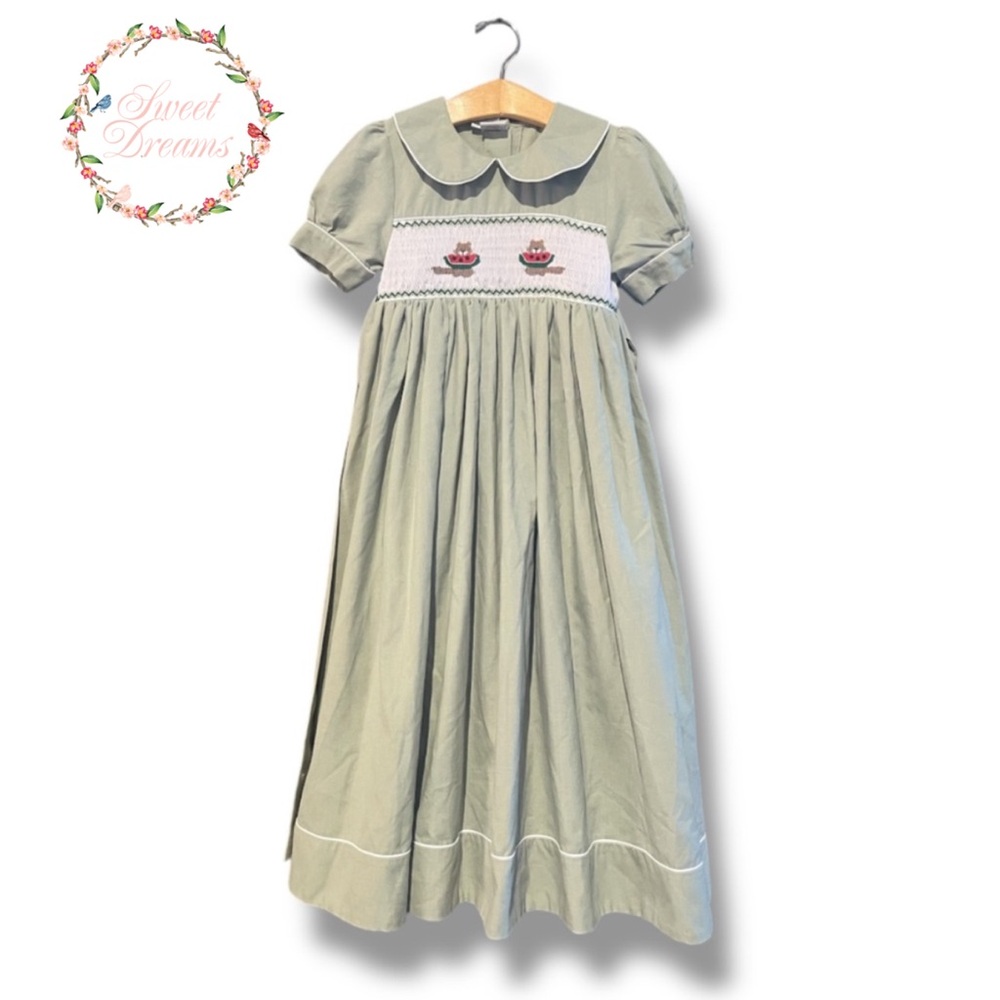 Sweet Dreams Green Smocked Dress with Peter Pan Collar